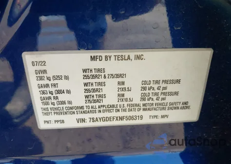 2022 Tesla Model Y Performance Dual Motor All-Wheel Drive z USA, uszkodzony, nr VIN 7SAYGDEFXNF506319